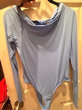 Fashion Nova Light Blue Ribbed Long Sleeve Bodysuit